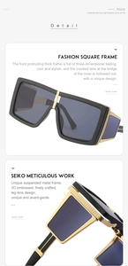 Steampunk sunglasses detail showing thick black frame with 3D embossed gold metal temples