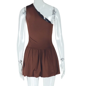 Detail view of coffee brown one-shoulder dress with natural pleats and elastic fabric