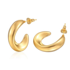 Elegant gold C-shaped hollow stainless steel hoop earrings with polished surface on white backdrop