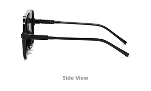 Side view detail of thick black frame sunglasses showing hinge and temple craftsmanship
