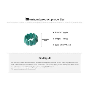Detailed specs of turquoise acrylic stretch bracelet showing 18cm length and 58.6g weight