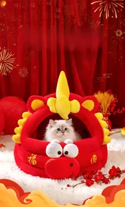 Cozy semi-enclosed Year of the Dragon cat bed with festive red fabric and gold embroidery