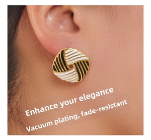 Detailed close-up of retro square enamel stud earrings with spiral texture on model
