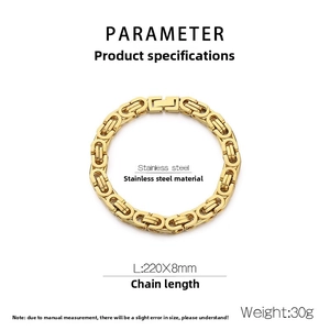 Detailed view of 8mm gold stainless steel Byzantine chain with buckle, 220mm length
