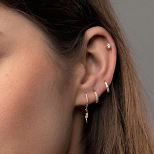 S925 silver needle gold hoop earrings set with crystal lightning pendant on model