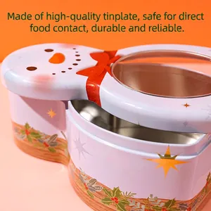 Blue snowman shaped tin box with window and festive holiday pattern for Christmas candies