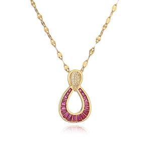 Golden teardrop pendant necklace with red baguette gemstones and zircon accents
