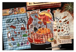 Macro detail of vintage theater scene stickers with large-sized retro scenery elements