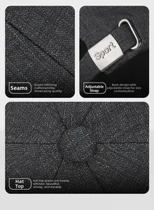 Detail view of adjustable metal buckle with Sport engraving and durable stitching on baseball cap