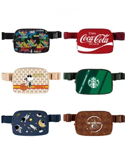 Detailed grid showing six waterproof nylon sports waist bags with various logo designs