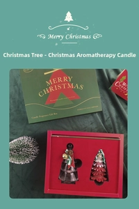 Detailed view of Christmas scented candle gift set with red tree candle and dark green box