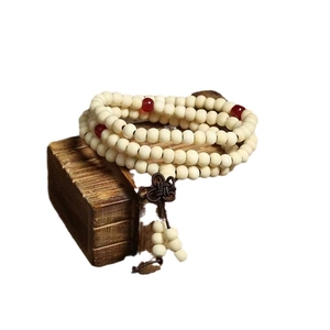 108 beads multi-layer white sandalwood mala bracelet with red accent and brown tassel