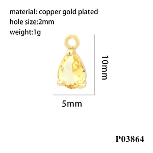 Detail of yellow pear-shaped zircon pendant with copper gold plated frame and dimensions