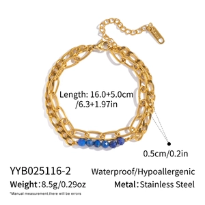 Detail of 18K gold-plated double-layer stainless steel bracelet with blue lapis beads