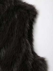 Macro texture of premium dark brown faux fur vest showing soft and dense long hair fibers