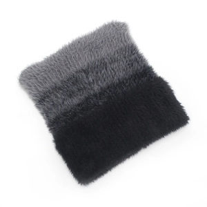 Detailed texture of thick plush neck warmer with grey and black gradient color block