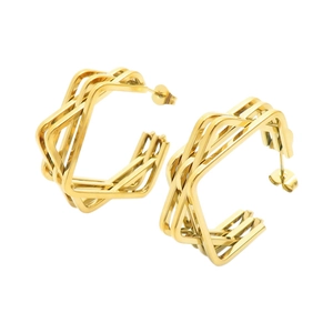Polished gold geometric hollow earrings with a layered hexagonal 3D design on white background