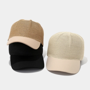Women straw baseball caps in khaki, black, and beige for breathable sun protection