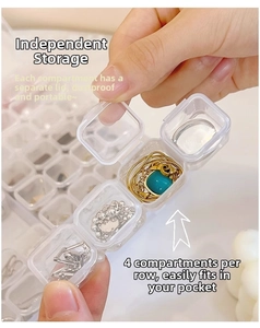 Close-up of portable 4-grid clear jewelry organizer box for earrings and necklaces