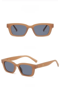 Front and side view of khaki rectangle sunglasses with grey lenses and gold metal details