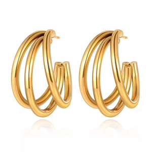 Minimalist Stainless Steel Triple Layered Geometric Hoop Earrings For Women 18K Gold Plated C Shaped Ear Buckle Jewelry Gift