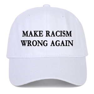 White cotton baseball cap featuring black 'MAKE RACISM WRONG AGAIN' embroidery