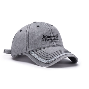 Grey washed denim baseball cap with lace trim and trendy classic embroidery details