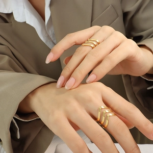 Minimalist V-Shaped Finger Ring Titanium Steel 18K Gold Plated Adjustable Open Geometric Layered Chic Jewelry Women Girls