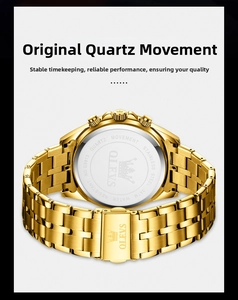 Detail of OLEVS quartz watch showing gold-plated stainless steel case back and strap buckle
