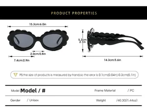 Detailed size chart for oval sunflower sunglasses with specific frame measurements in inches