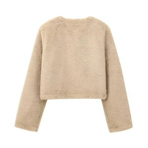 Short faux fur jacket for women in khaki beige color, back view with fluffy texture