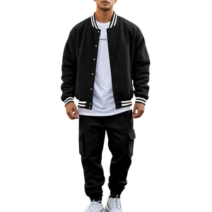 Men's black baseball jacket set with ribbed stand collar and drawstring cargo pants