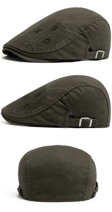 Detailed views of a cotton flat cap with letter embroidery in olive green