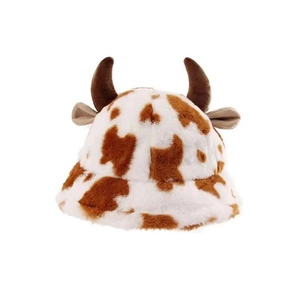 Simpatico cappello da pescatore in peluche con corna di mucca e macchie marroni in finta pelliccia
