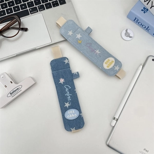 Denim pencil pouch with elastic strap for iPad stylus featuring star embroidery