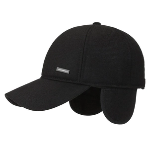 Winter men's black wool baseball cap with ear flaps and metal sports badge detail