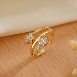 Elegant 18K gold-plated open ring with wheat leaf design and sparkling zircon accents