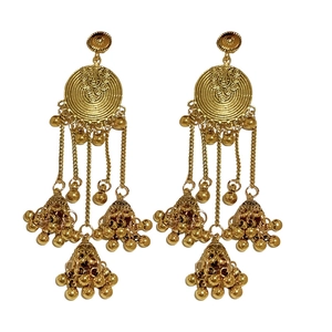 Vintage ethnic gold Jhumka tassel earrings with embossed circles and bell charms
