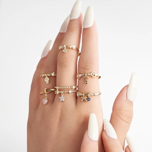 S925 sterling silver gold ring set with cross and heart charms featuring colorful zircons
