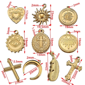 Set of 9 gold stainless steel pendants in sun, moon, and heart shapes with precise dimensions