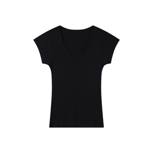 Close-up of black V-neck t-shirt featuring tencel wool fabric and slim fit design