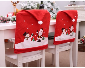 Detail of Santa Claus and Snowman printed non-woven chair covers for Christmas decor