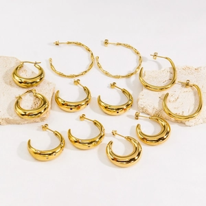 Luxury Stainless Steel Rhinestone C-Shaped Hoop Earrings For Women Gold Plated Hollow Tube Bamboo Texture Geometric Jewelry