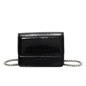 Glossy black crocodile pattern mini square bag with silver metal chain strap for women
