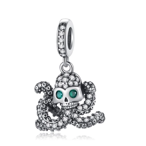 Detailed silver octopus skull charm with green stone eyes and clear cubic zirconia