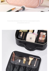 Detail of travel makeup case with adjustable dividers and clear brush compartments