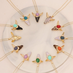 Bohemian vintage bull head necklaces set in gold stainless steel with multi-color stones