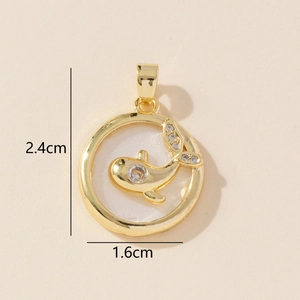 Detail view of a 1.6cm golden fish pendant with zircon inlay and dimensions displayed