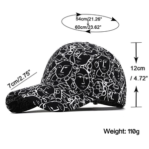 Black cotton baseball cap with white face art print and adjustable strap for outdoor sun protection