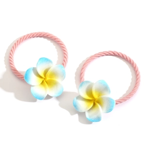 Elastic kids hair ties with gradient yellow and blue plumeria flowers on pink ropes